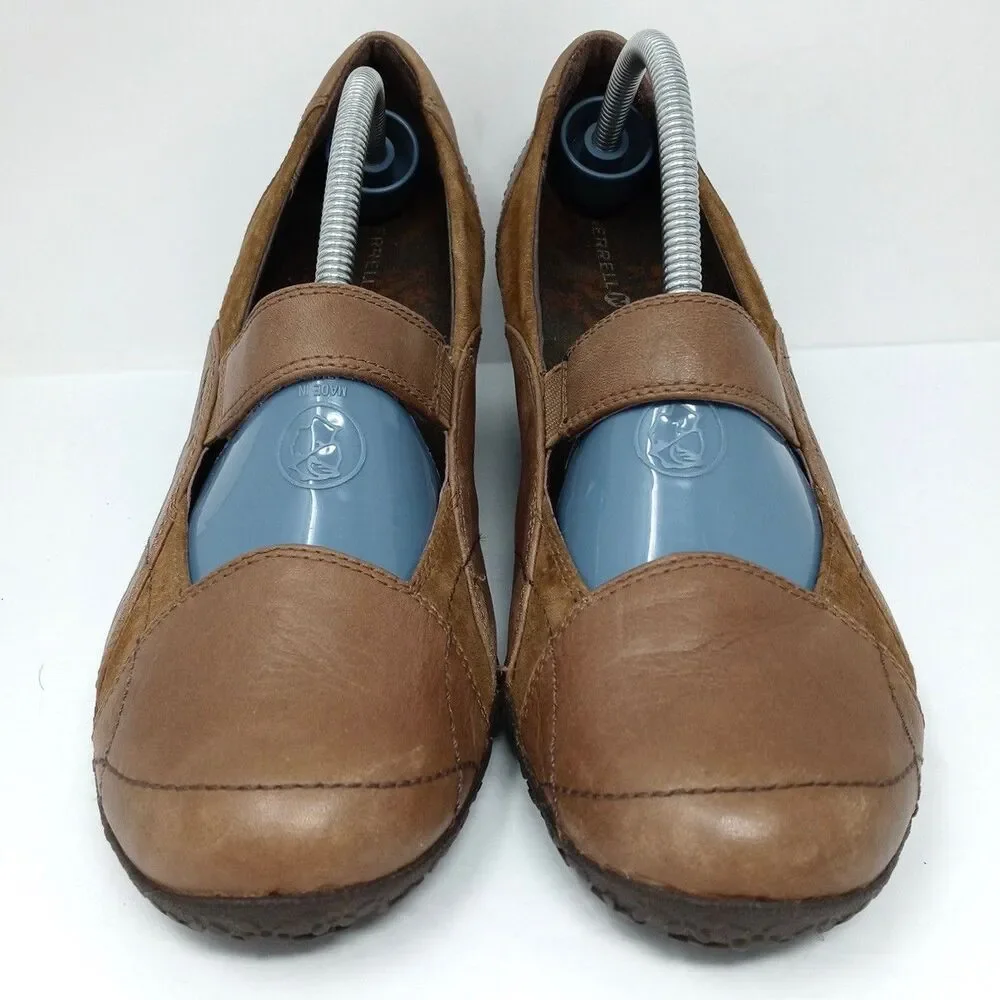 Merrell Mary Jane Wedges Womens Size 9.5 Brown Leather Shoes Vibram Sole